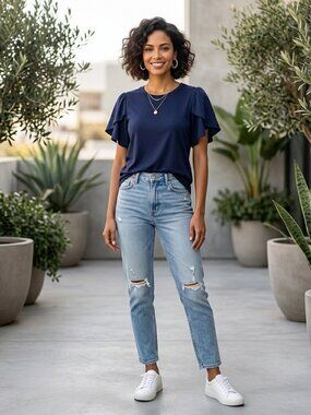 Michael Michael Kors Women's Medium Navy Blue Flutter Ruffle Sleeve Tee Top EUC